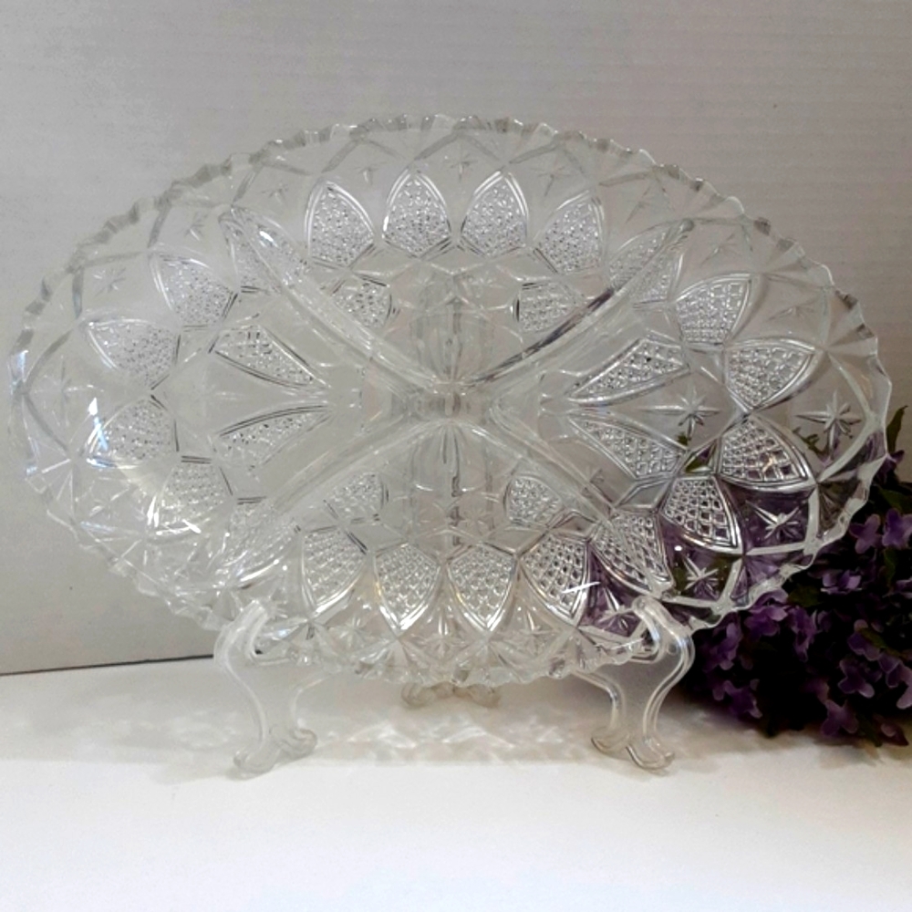 Vintage Divided Glass Relish Dish Oval Serving Platter Plate